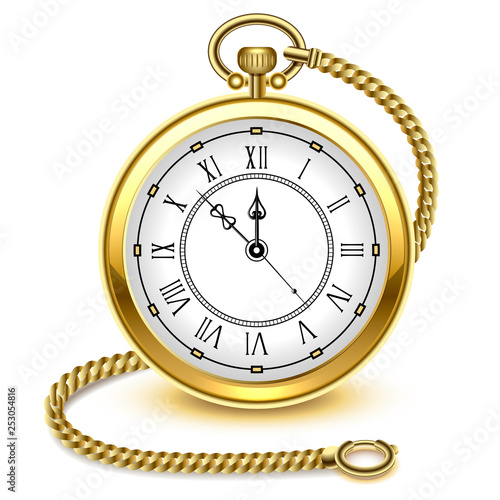 Vintage gold pocket watch and chain, isolated on white background, vector illustration.
