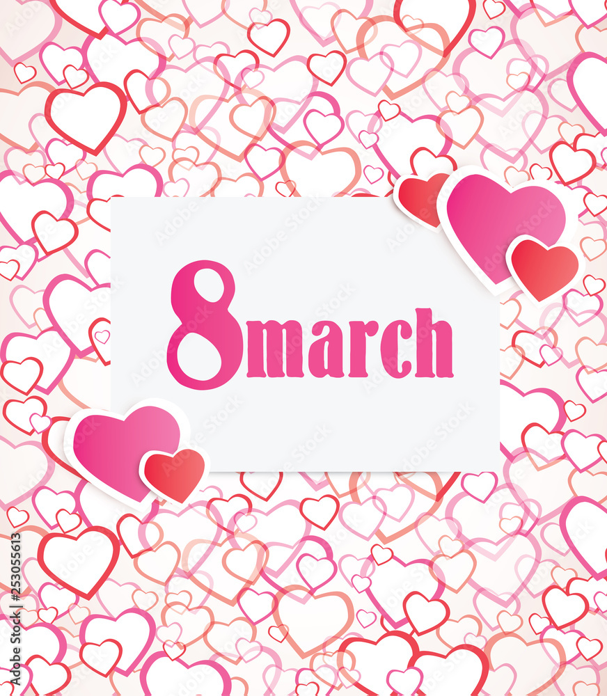 Happy Women's Day design template. 8 march pink background with gift box and blur hearts. Vector illustration. Eps 10