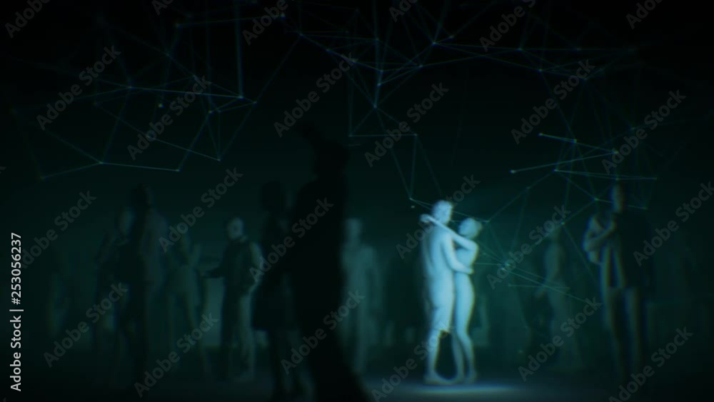 Lockdown, corona virus, global pandemic. Loop animation of rigid 3D people in a dark environment with some animated lines. Lockdown, corona virus, global pandemic. Loop animation of rigid 3D people in a dark environment with some animated lines.