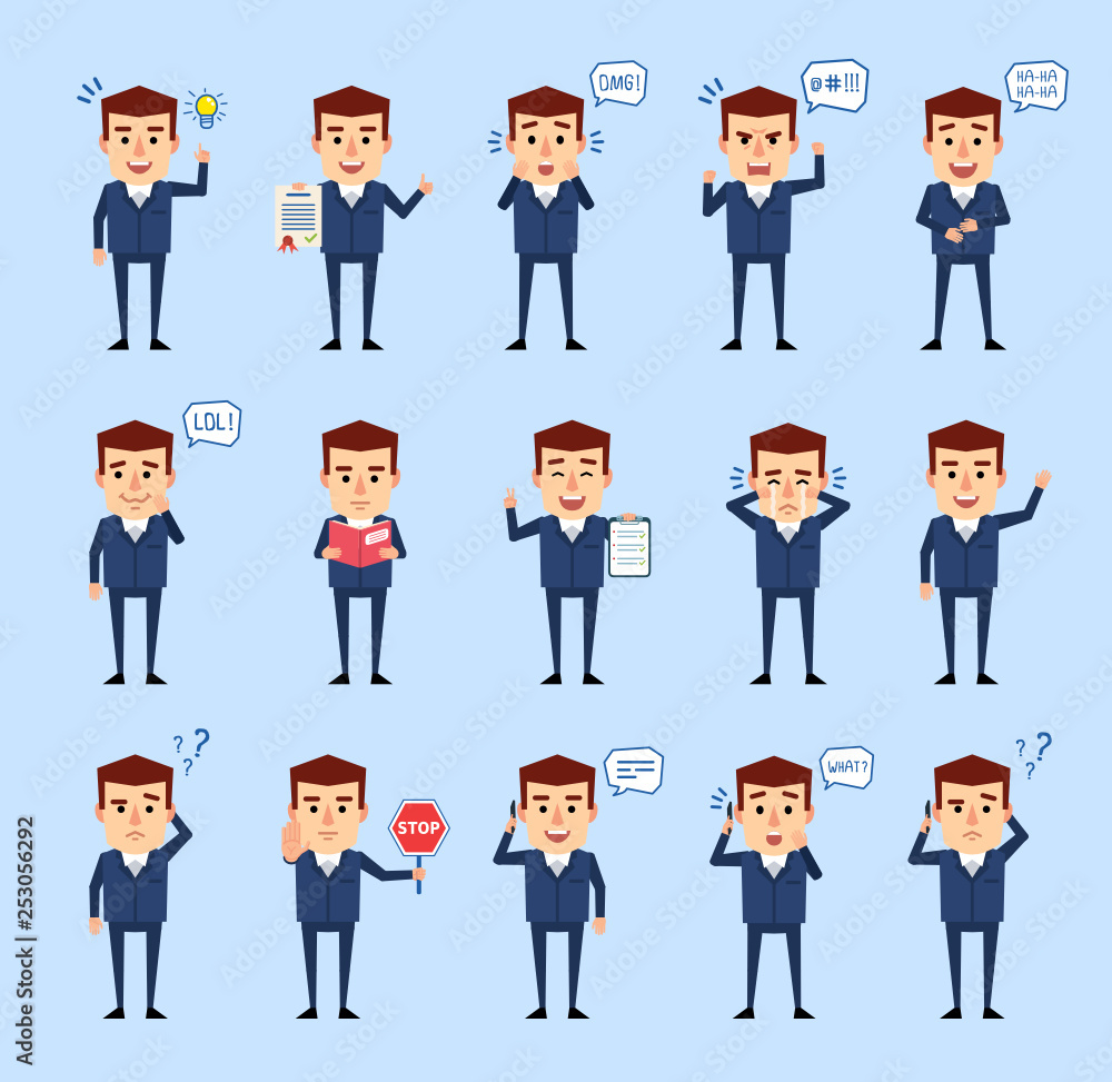 Set of businessman in blue suit showing different actions. Cheerful man talking on phone, angry, reading book and showing other actions. Flat style vector illustration Set of businessman in blue suit showing different actions. Cheerful man talking on phone, angry, reading book and showing other actions. Flat style vector illustration