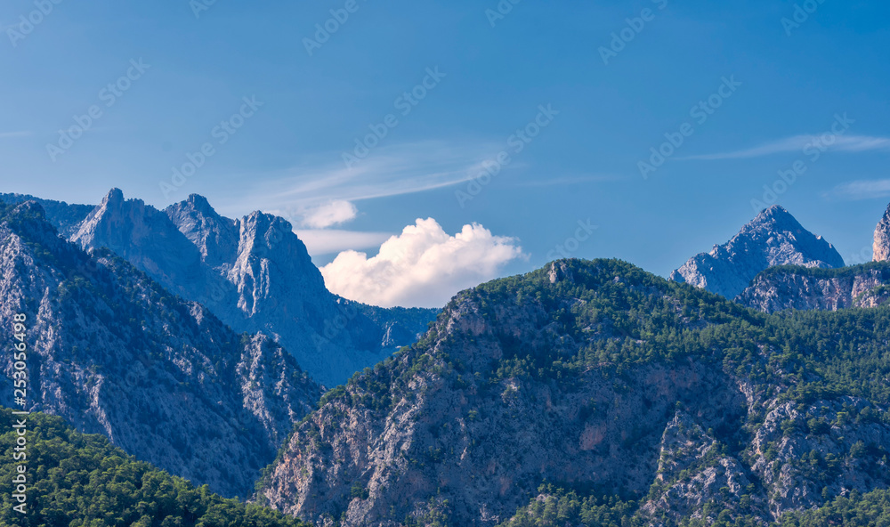 the peaks of the Taurus southern coastal mountains in Turkey, covered with relict pines