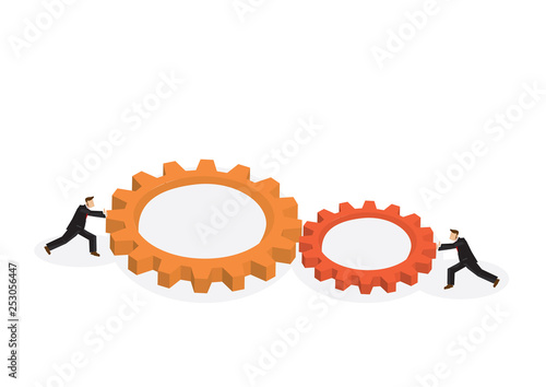 Two businessman joining gears. Concept of business cooperation; team work; collaboration and partnership. Vector illustration.