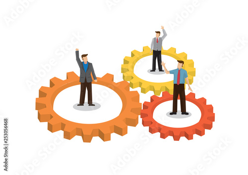 Businessman with giant gears surrounded them and waving with other businessmen. Concept of business cooperation; teamwork; collaboration and partnership. Vector illustration.