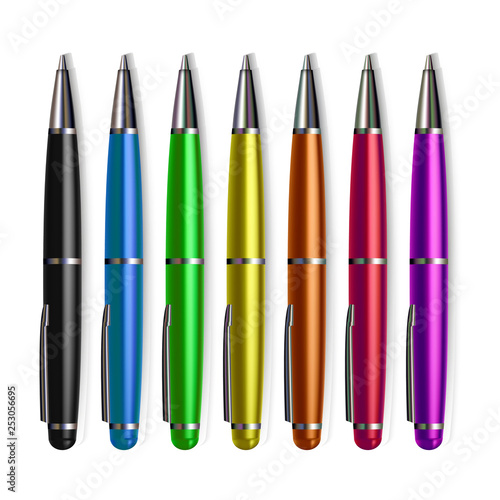 Pen Set Stationery Vector. Metal Tools Accessory. Writing, Drawing. Realistic Isolated Illustration