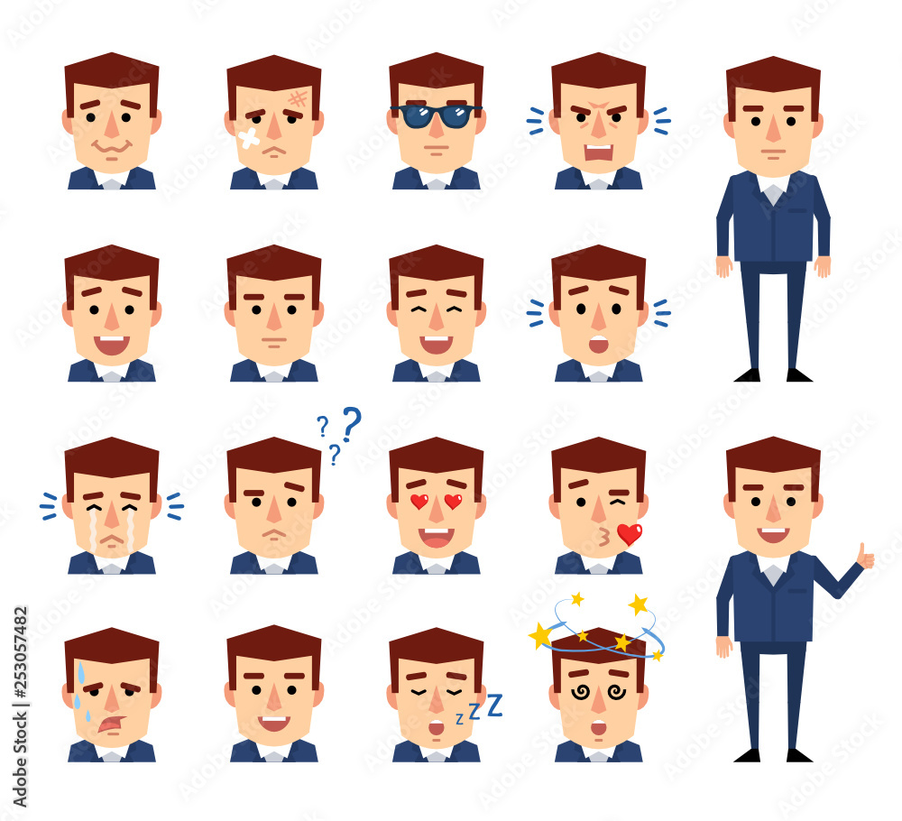 Set of businessman emoticons showing diverse facial expressions. Laugh, angry, surprised, dazed, serious, in love, kiss, tired and other emotions. Flat design vector illustration Set of businessman emoticons showing diverse facial expressions. Laugh, angry, surprised, dazed, serious, in love, kiss, tired and other emotions. Flat design vector illustration