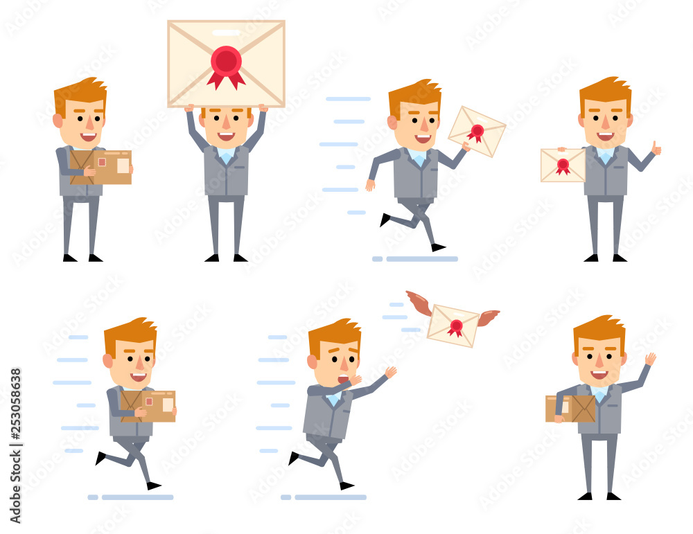 Set of businessman characters in grey suit posing with letter and parcel box. Cheerful man holding letter, package, running and showing other actions. Flat style vector illustration Set of businessman characters in grey suit posing with letter and parcel box. Cheerful man holding letter, package, running and showing other actions. Flat style vector illustration