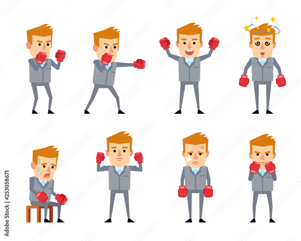 Set of businessman in grey suit with boxing gloves. Cheerful man showing winners pose, celebrating, punching, fighting, dazed and showing other actions. Flat style vector illustration