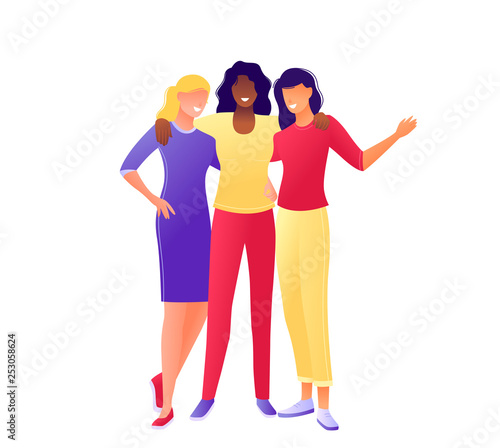 Young happy women hugging together. Happy International Women s Day 8 march. Flat concept vector illustration for web, landing page, banner, presentation, flyer, poster.