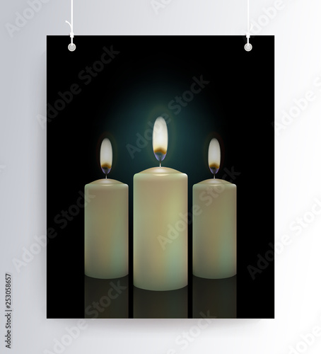 Easter composition with the silhouette of three burning candles,