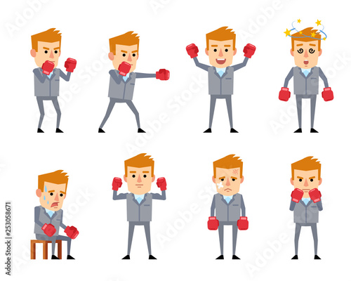 Set of businessman in grey suit with boxing gloves. Cheerful man showing winners pose, celebrating, punching, fighting, dazed and showing other actions. Flat style vector illustration