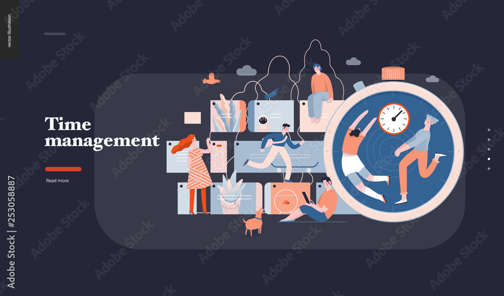 Technology 3 -Time management - modern flat vector concept digital illustration of time management metaphor, a stopwatch, timeline and people in workflow. Creative landing web page design template