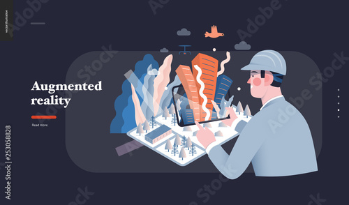 Technology 3 -Augmented reality, modern flat vector concept digital illustration -augmented reality metaphor - man with tablet. Creative landing web page design template