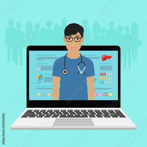 Online doctor consultation technology in laptop. Medical doctor in suit with stethoscope close up. Vector illustration