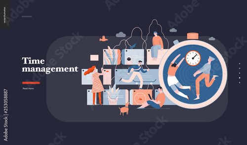 Technology 3 -Time management - modern flat vector concept digital illustration of time management metaphor, a stopwatch, timeline and people in workflow. Creative landing web page design template
