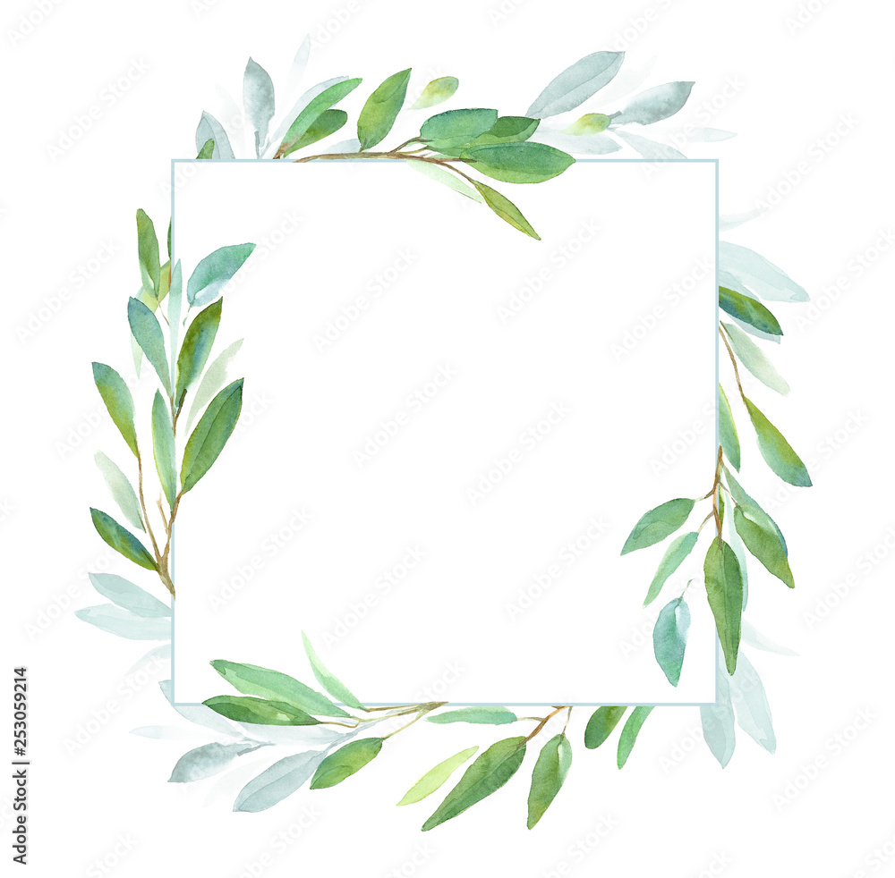 Geometric botanical design frame. Green leaves. Watercolor illustration for wedding invitation design, branding, web sites, social media
