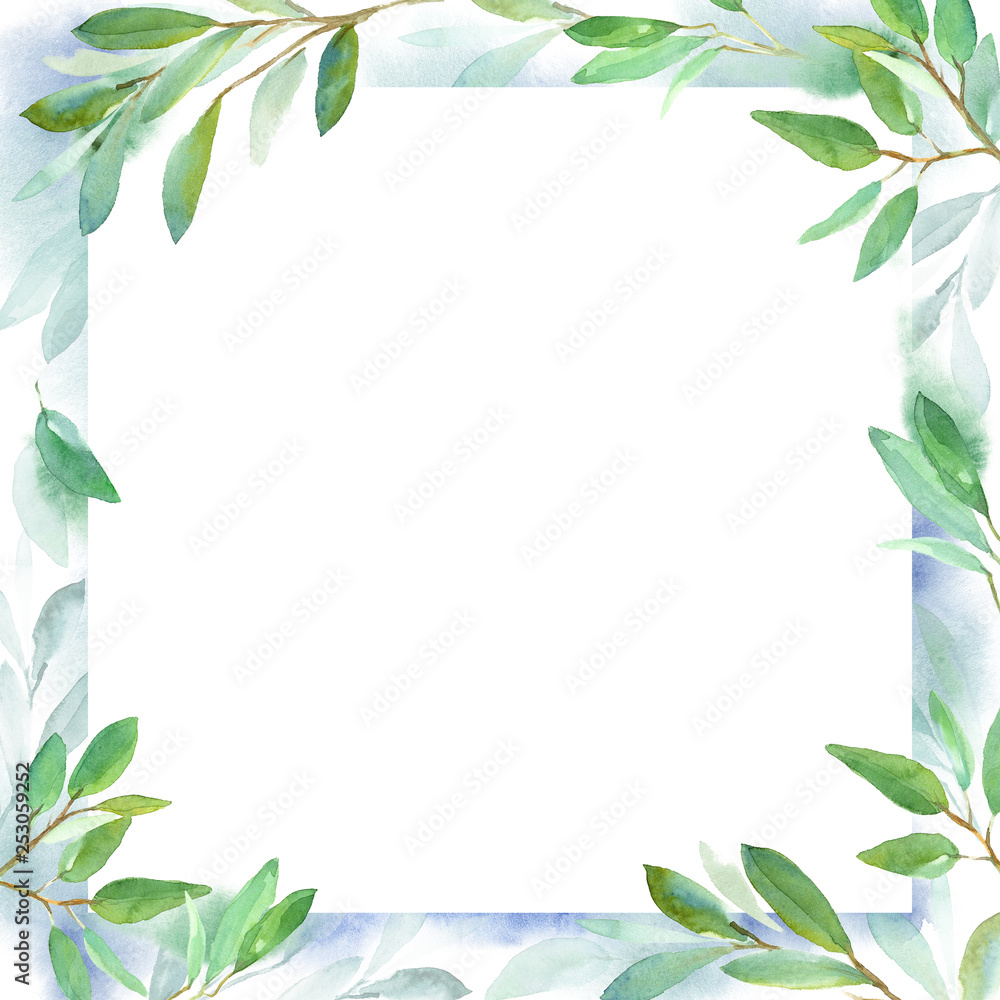 Geometric botanical design frame. Green leaves. Watercolor illustration for wedding invitation design, branding, web sites, social media Geometric botanical design frame. Green leaves. Watercolor illustration for wedding invitation design, branding, web sites, social media