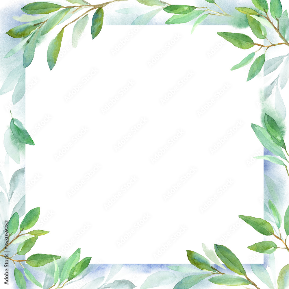 Geometric botanical design frame. Green leaves. Watercolor illustration for wedding invitation design, branding, web sites, social media