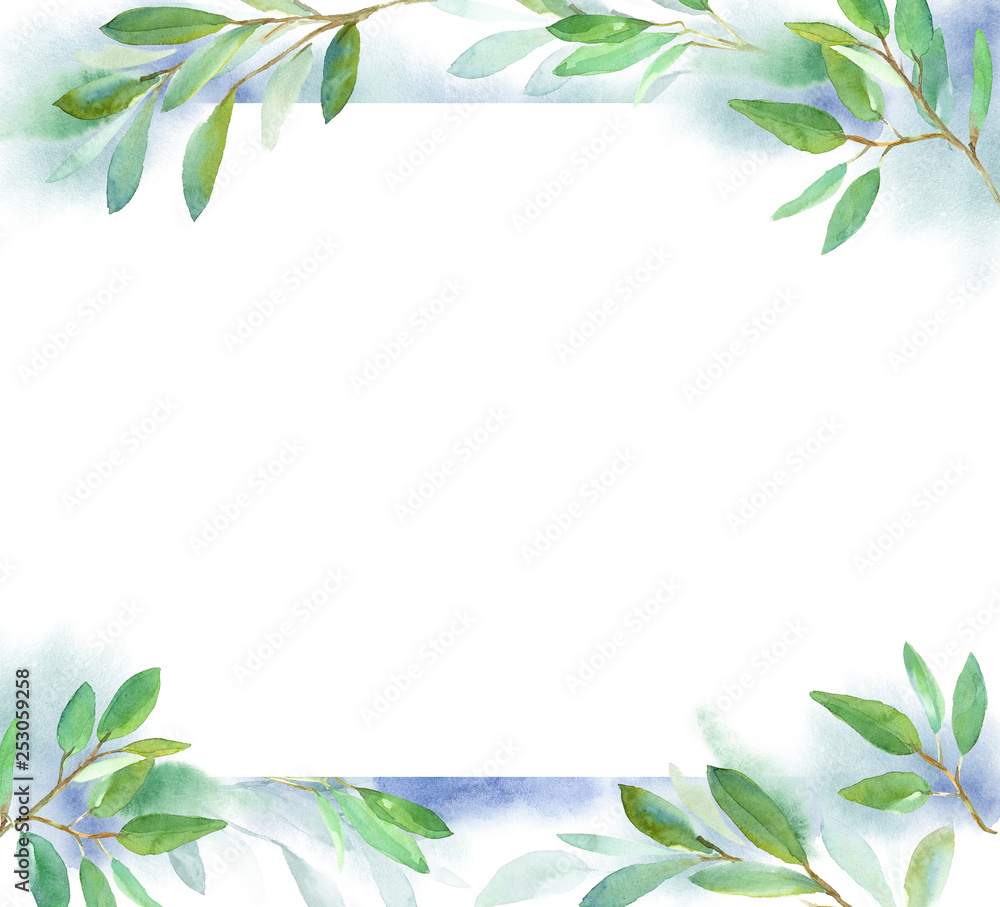 Fototapeta premium Geometric botanical design frame. Green leaves. Watercolor illustration for wedding invitation design, branding, web sites, social media