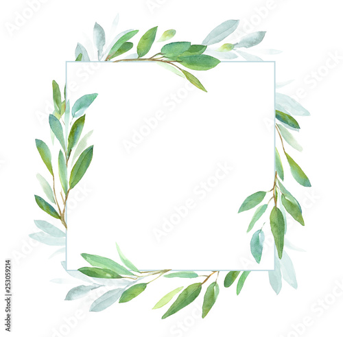 Geometric botanical design frame. Green leaves. Watercolor illustration for wedding invitation design, branding, web sites, social media