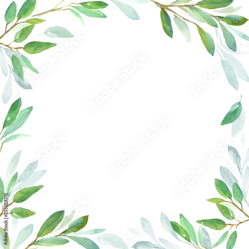 Geometric botanical design frame. Green leaves. Watercolor illustration for wedding invitation design, branding, web sites, social media