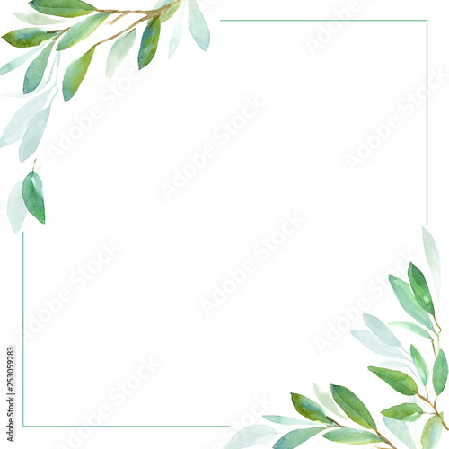 Geometric botanical design frame. Green leaves. Watercolor illustration for wedding invitation design  branding  web sites  social media