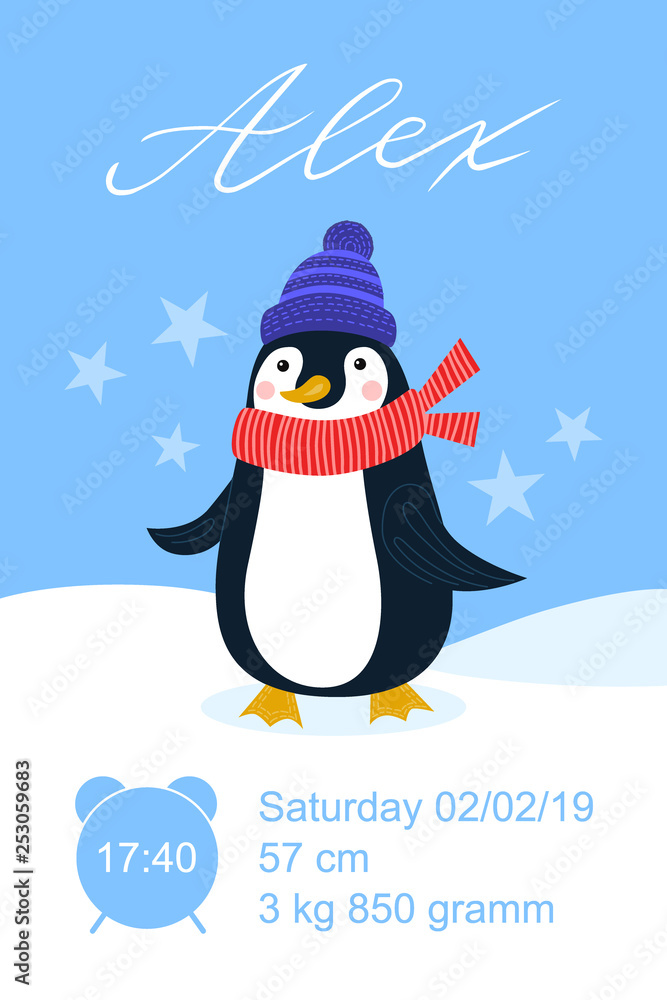Metric baby girl poster with flat cartoon penguin, hand drawn Alex white  name, calligraphy text. Time, date of the birth, weight of newborn  information. Greeting poster card with lettering. Stock Vector |