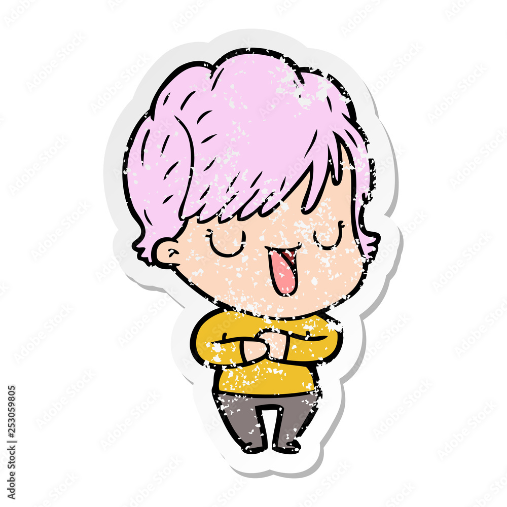 distressed sticker of a cartoon woman talking distressed sticker of a cartoon woman talking