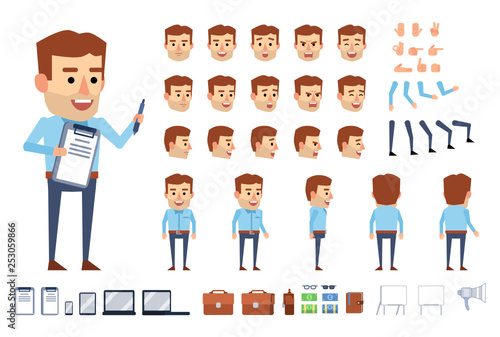 Businessman character in blue shirt creation kit. Creat your own pose, action, animation. Diverse poses, gestures, emotions, design elements. Flat style vector illustration