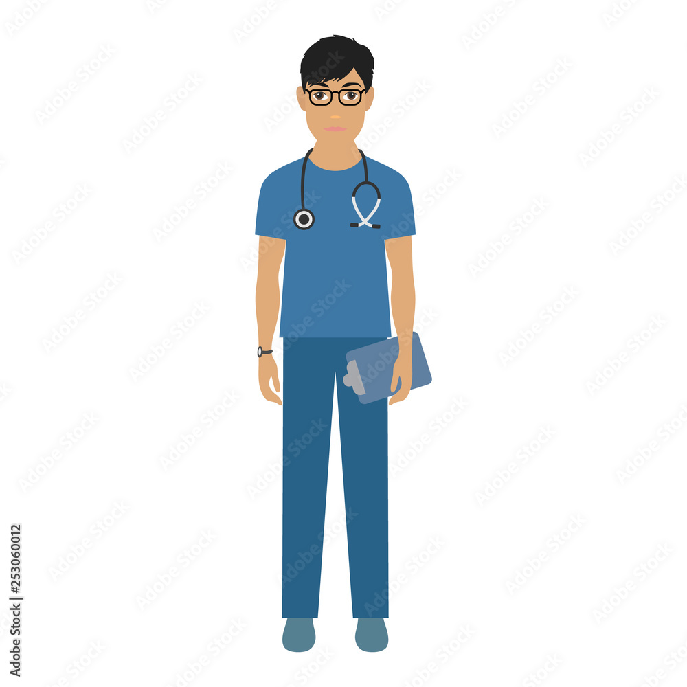 Vector portrait of a young doctor with glasses. A male doctor with a stethoscope. A man in a medical robe. Vector illustration Vector portrait of a young doctor with glasses. A male doctor with a stethoscope. A man in a medical robe. Vector illustration