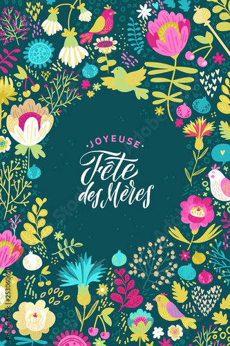 Happy Mothers Day Calligraphy Design on Floral Background. Vector illustration. Womans Day Greeting Calligraphy Design in Dark Colors. Template for a poster, cards, banner Vector illustration