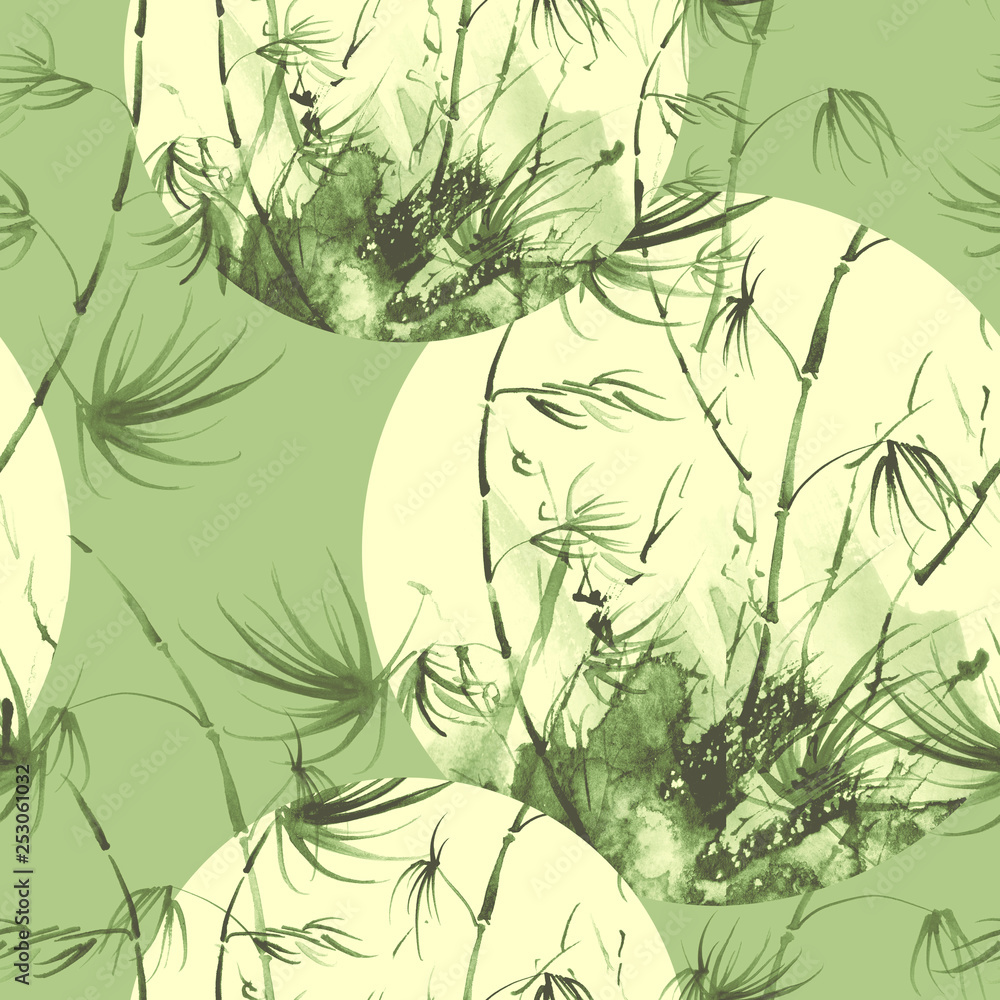 Fototapeta Bamboo watercolor stems and leaves seamless pattern. painting of bamboo forest on textured paper. Decorative watercolor bamboo, jungle, thickets. silhouette branches, tropics