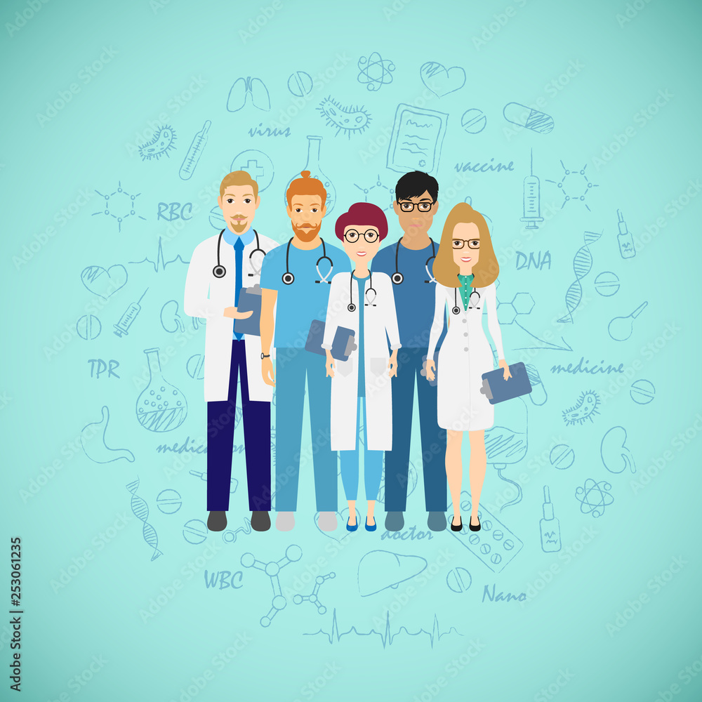 Medicine team concept with different doctors. Group of practitioner doctors young man and woman standing together. Consultation. Vector illustration Medicine team concept with different doctors. Group of practitioner doctors young man and woman standing together. Consultation. Vector illustration