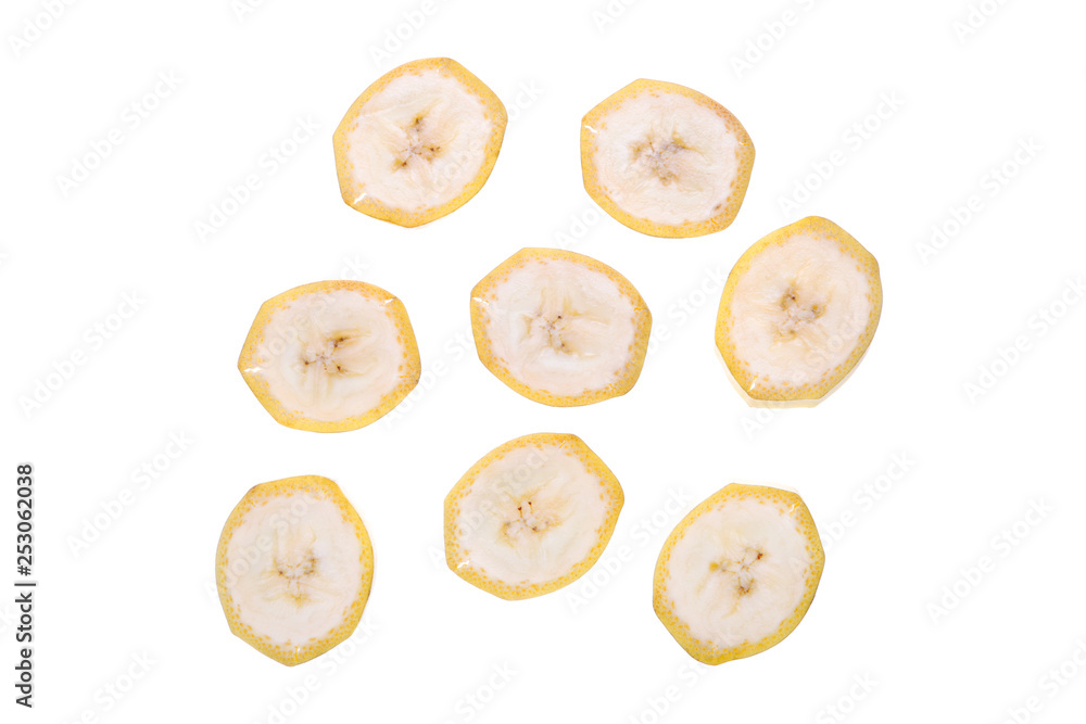 Chops of bananas on a white background. Isolted on white. Chops of bananas on a white background. Isolted on white.