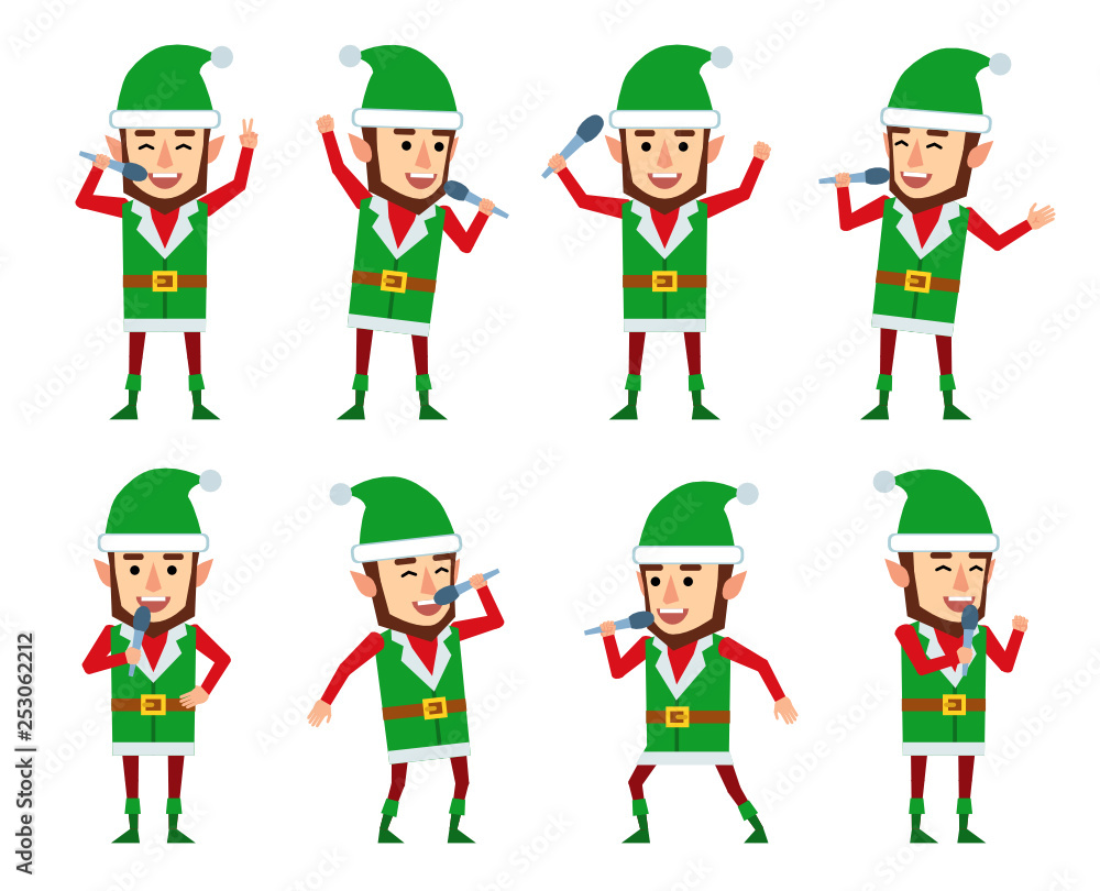 Set of Christmas elf characters with microphone showing different actions. Funny elf karaoke singing. Flat style vector illustration