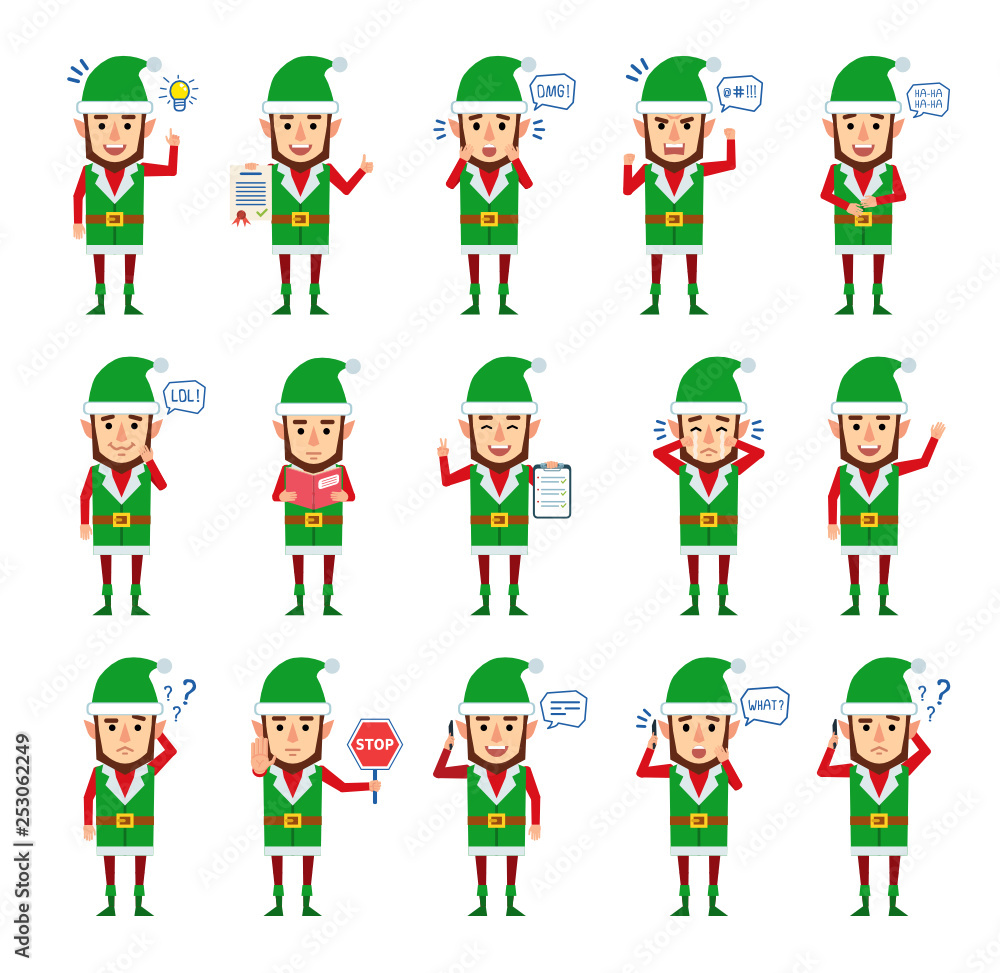Set of Christmas elf characters showing different actions. Funny elf talking on phone, thinking, holding stop sign, reading book and showing other actions. Flat style vector illustration Set of Christmas elf characters showing different actions. Funny elf talking on phone, thinking, holding stop sign, reading book and showing other actions. Flat style vector illustration