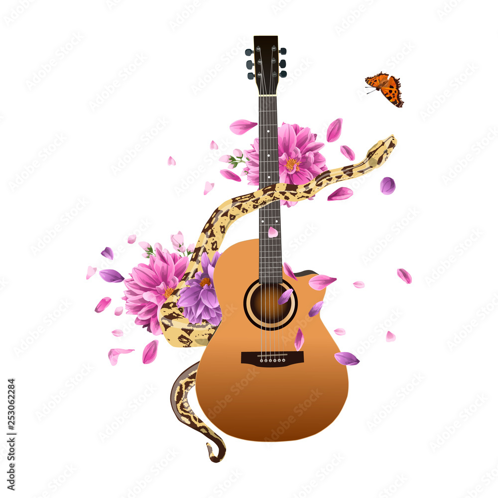 guitar with python and butterfly, dahlia flowers.isolated on white background. print for t-shirts