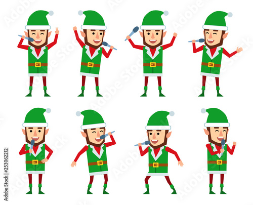 Set of Christmas elf characters with microphone showing different actions. Funny elf karaoke singing. Flat style vector illustration