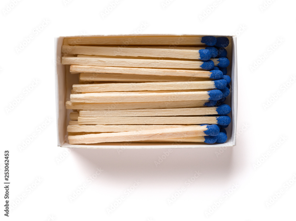 matchbox with blue matchsticks on white with clipping path matchbox with blue matchsticks on white with clipping path