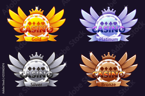 Casino awards. Casino rating icons with poker chip and crown. Vector illustration for casino, slots and game UI.