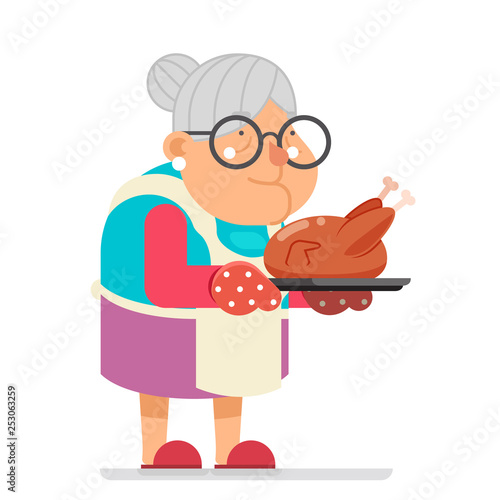 Grandmother old mother adult woman with fried chicken turkey housewife with baking flat design concept template vector illustration