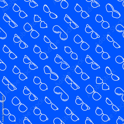 Eyeglasses seamless pattern with thin line icons: sunglasses, sport glasses, rectangular, aviator, wayfarer, round, square, cat eye, oval, extravagant, big size. Modern vector illustration.