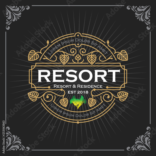 Resort and residence logo. Vintage Luxury Banner Template Design for Label, Frame, Product Tags. Retro Emblem Design. Vector illustration