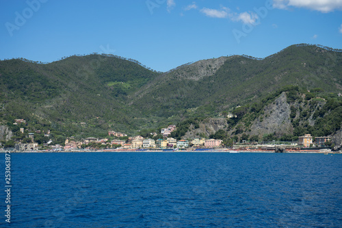 Italy, Cinque Terre, Monterosso, a large body of water with a mountain in the background