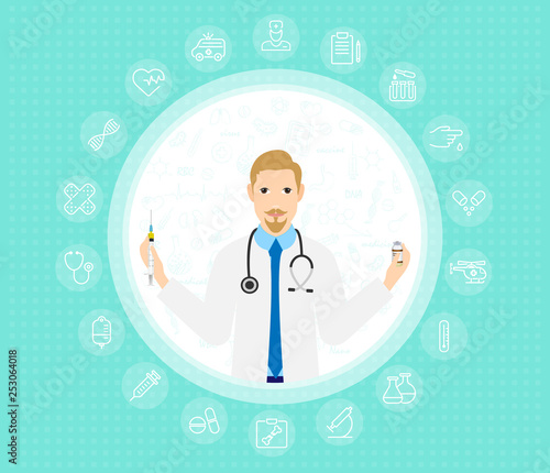 Modern doctor in white coat and stethoscope giving advice about vaccination. Cartoon vector illustration, eps 10