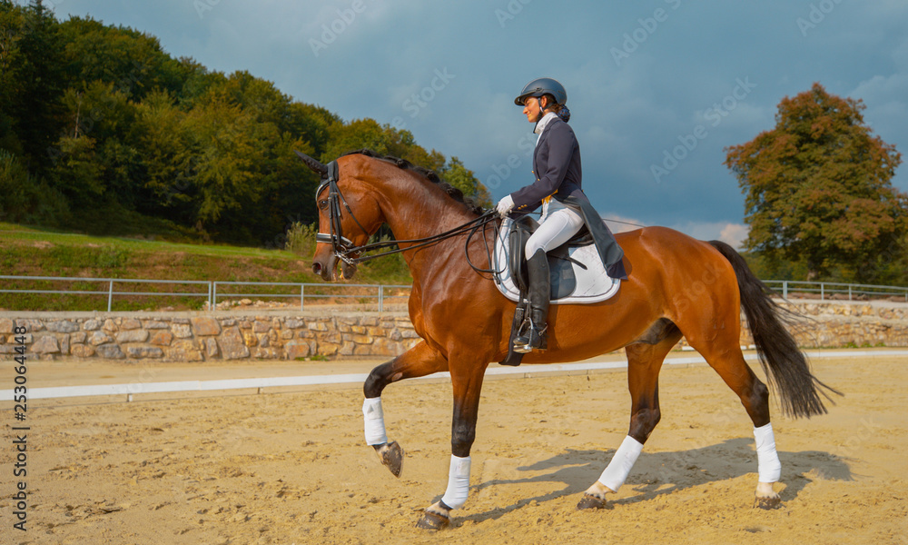 Young Caucasian woman in a dark blue frock having fun galloping on her stallion. Young Caucasian woman in a dark blue frock having fun galloping on her stallion.