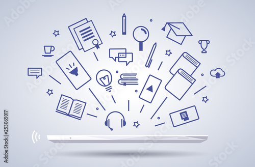 Online education banner with tablet or smartphone and outline learn icons on gray background. Training courses, distance learning