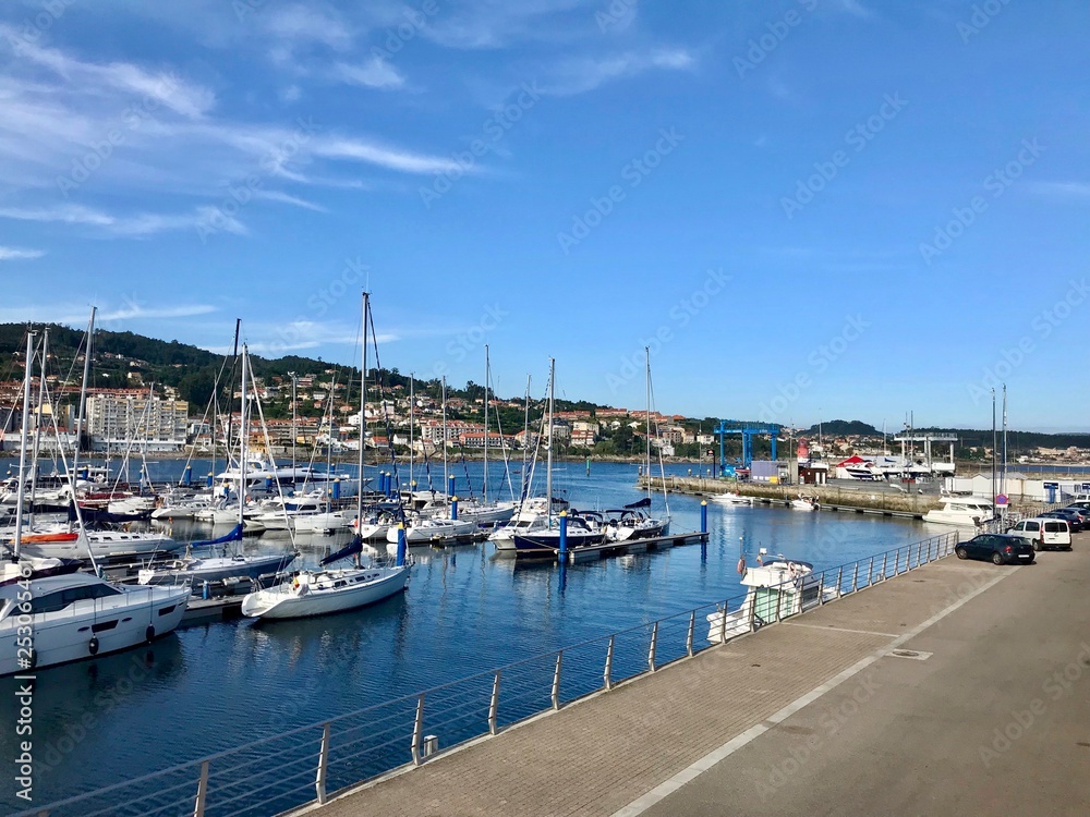 View of the harbour in Sanxenxo Galicia Spain