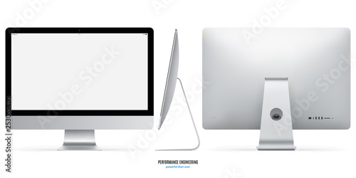 computer monitor mockup in silver color with blank screen view front, back and side on white background. stock vector illustration eps10