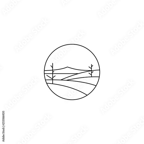 field tree lake and mount logo emblem with line art style