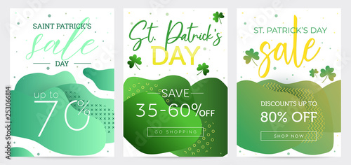 Set of three Saint Patricks Day discount banners  abstract gradient shapes background  templates for business